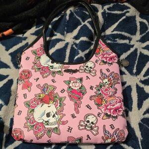 Ed Hardy Pink Skull & Rose Graphic Shoulder Bag with Black Handles